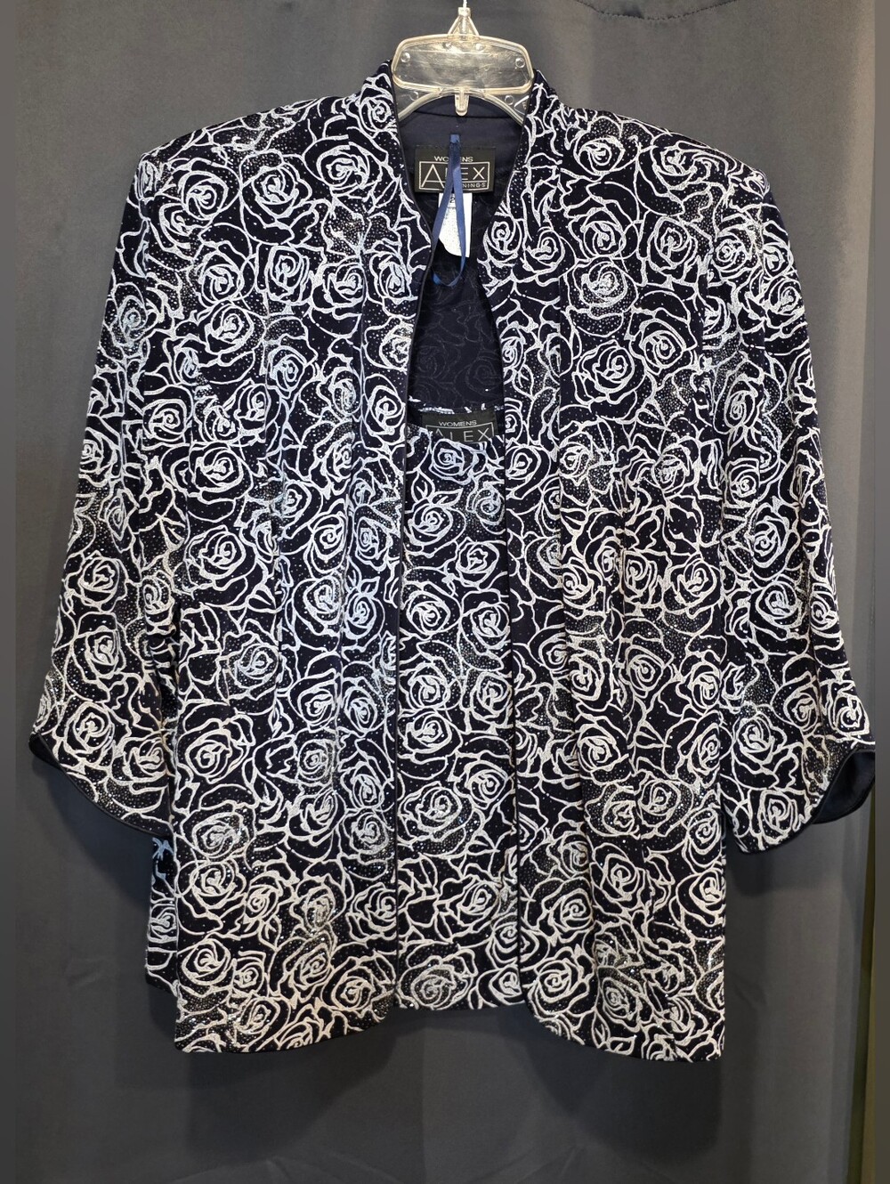 Alex Evenings Black & Silver Rose 2 Piece Tank Jacket Sparkle Glitter 2X